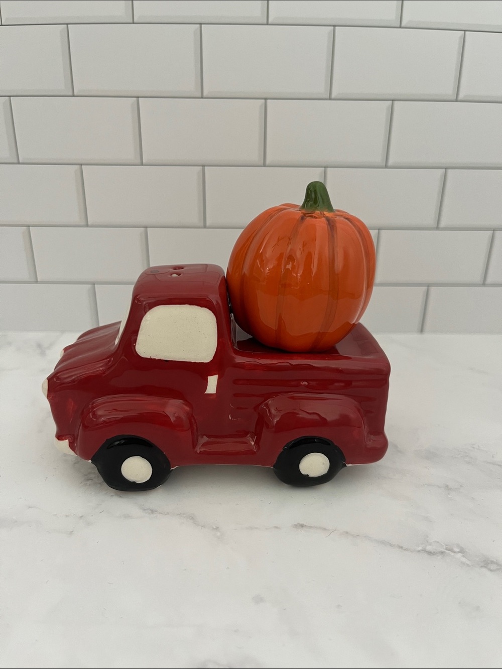 Pier 1 Red Truck with Orange Pumpkin Salt & Pepper Shaker Set